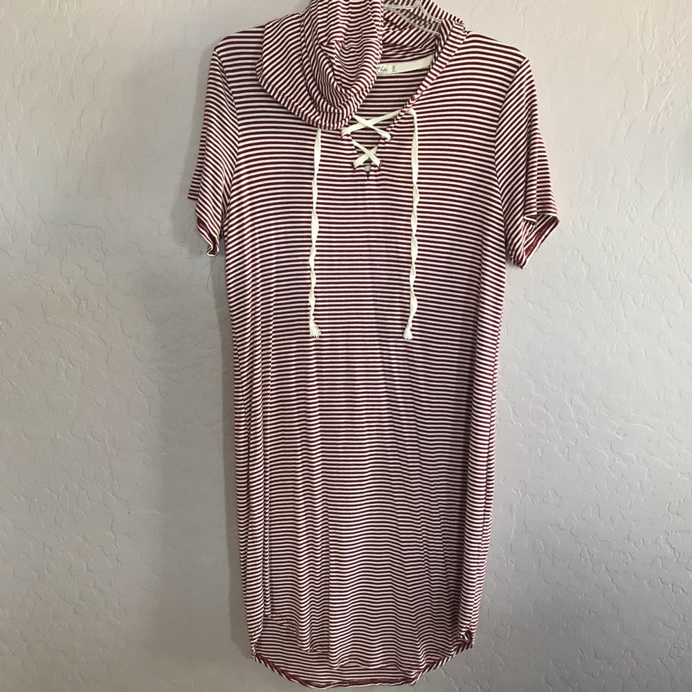 Maroon & White Strip Hoodie Casual Dress